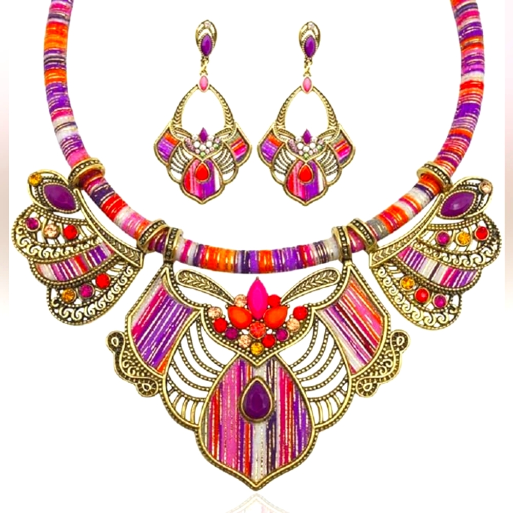 Boho Pink/Purple/Gold Multicolor Boho Necklace Set